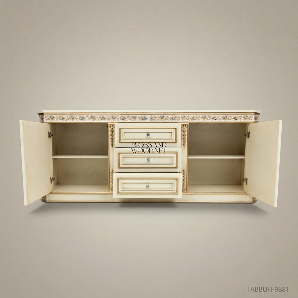 Brass & Wood Neoclassical Painted Buffet with Gold Ornamentation