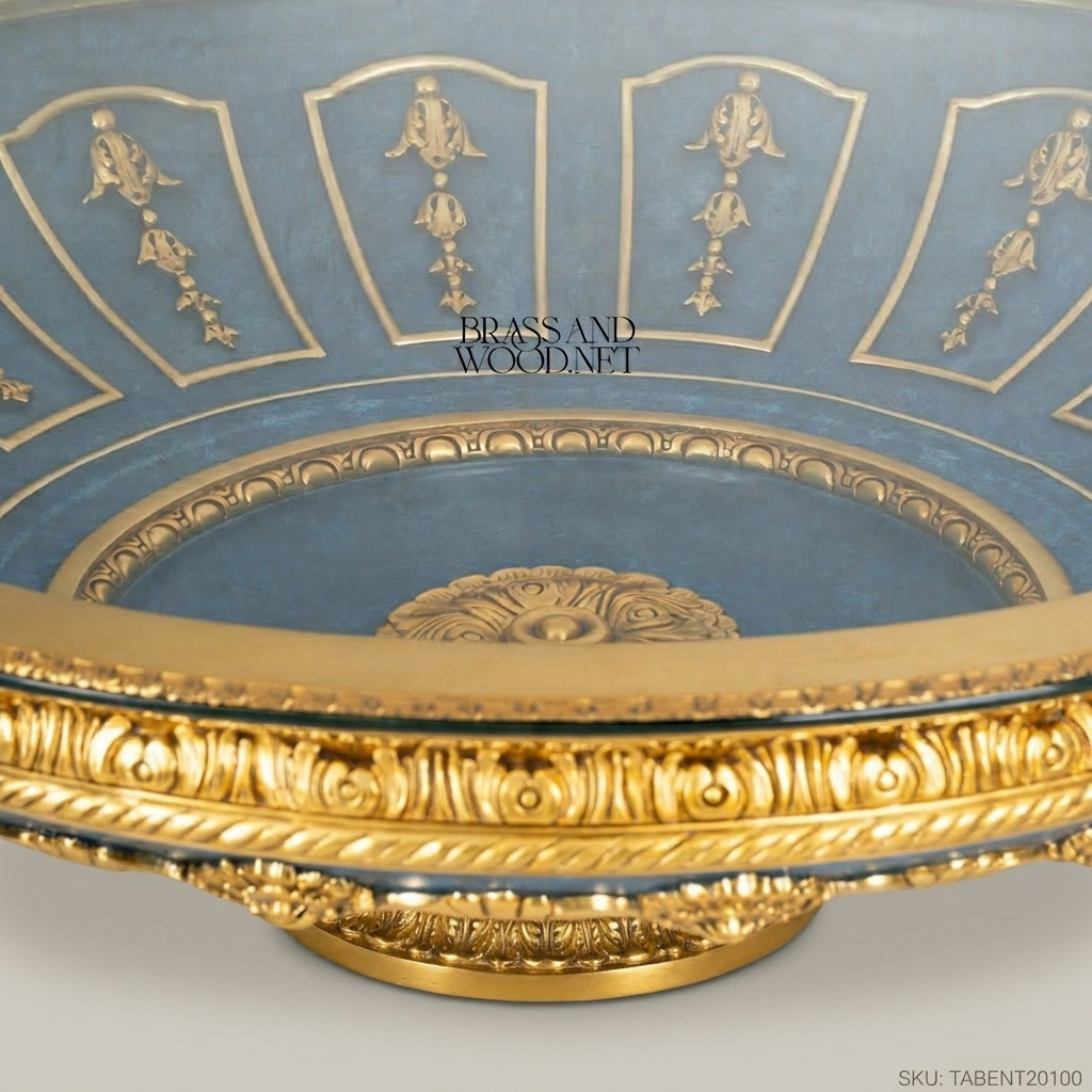 Louis XVI Neoclassical Round Centre Table — Gilt Carved Frame with Blue Panel Apron & Urn Stretcher