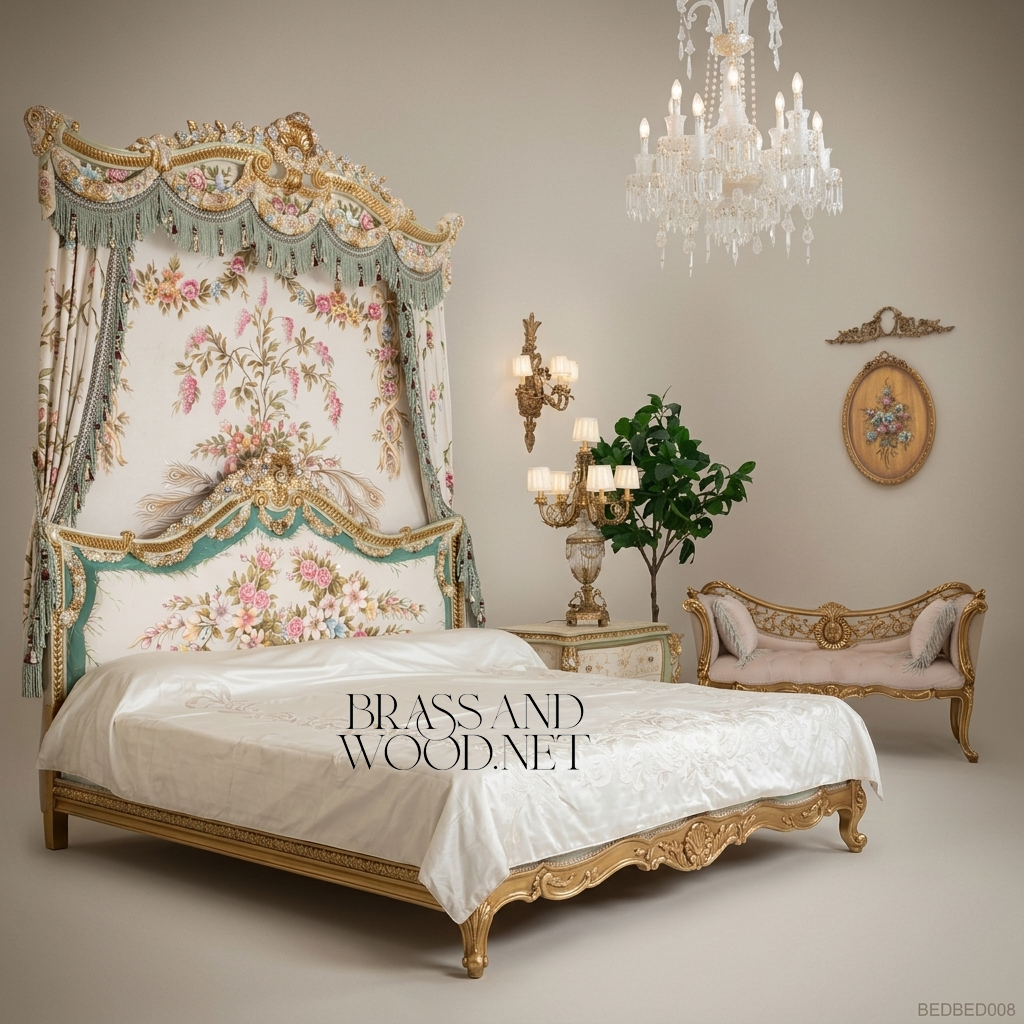 Louis XV Rococo Venetian Polychrome Canopy Bedroom Set with Hand-Painted Floral Bombé Commodes