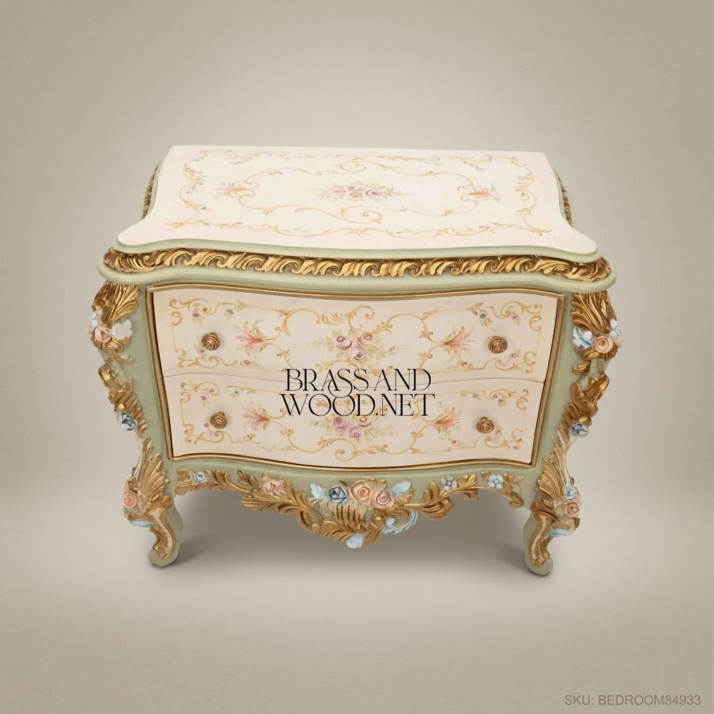 Louis XV Rococo Venetian Polychrome Canopy Bedroom Set with Hand-Painted Floral Bombé Commodes