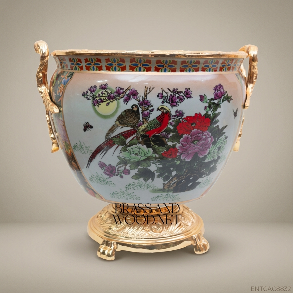 Porcelain Planter Cachepot - Small 27 cm - Floral - Gold Plated