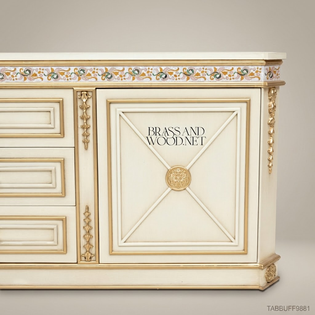 Brass & Wood Neoclassical Painted Buffet with Gold Ornamentation