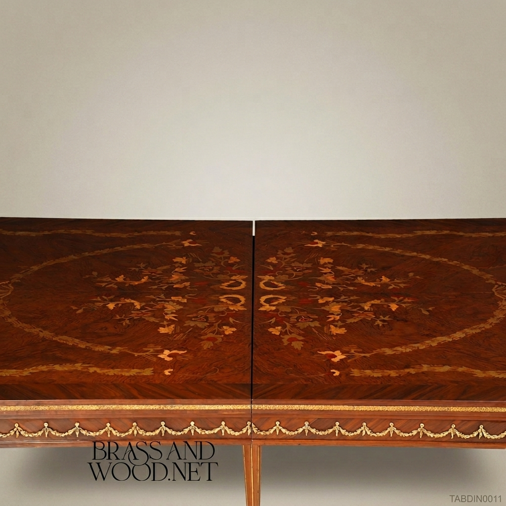 Brass & Wood Louis XVI Marquetry Brass-Mounted Dining Table