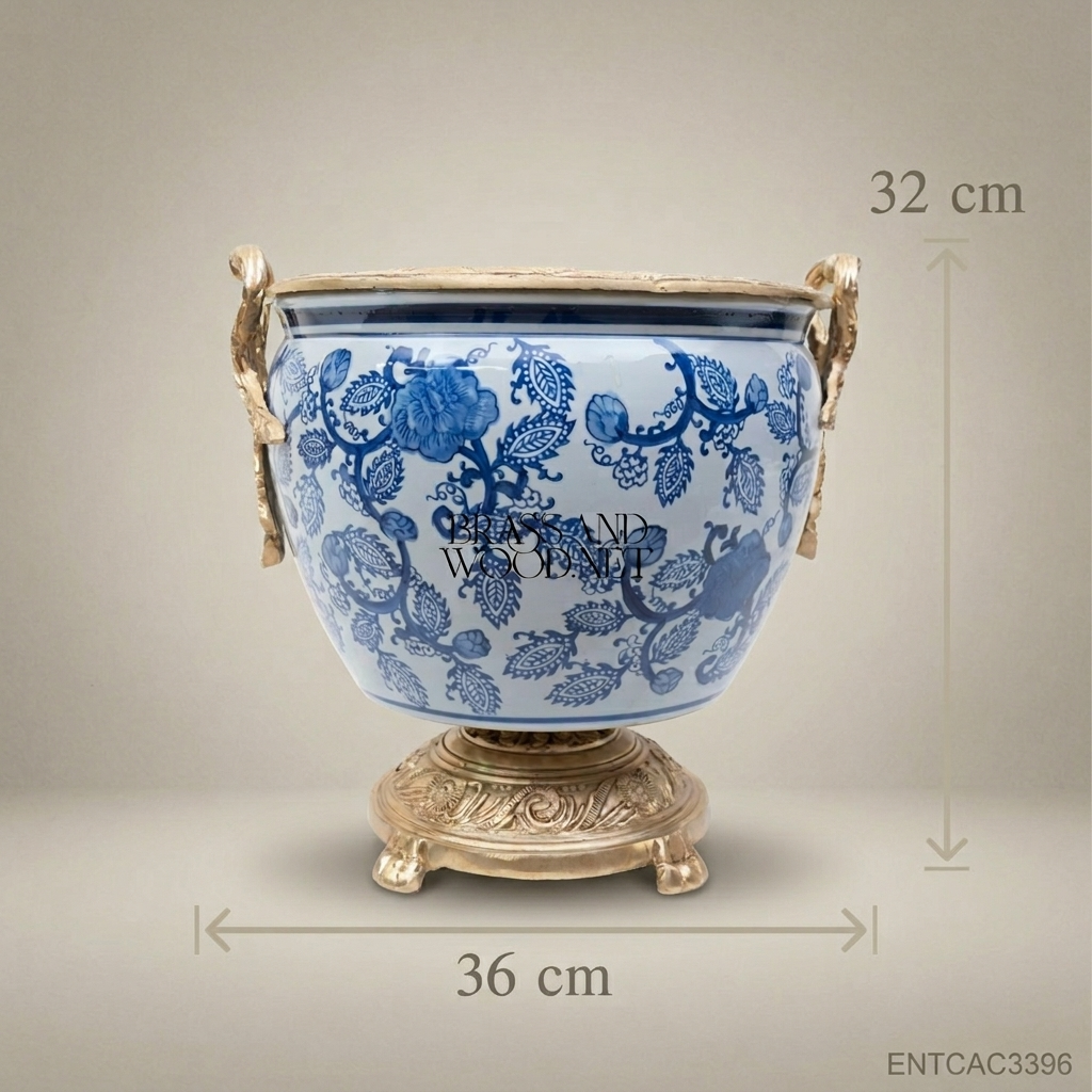 Porcelain Planter Cachepot - Small 27 cm - Blue & White - Gold Plated