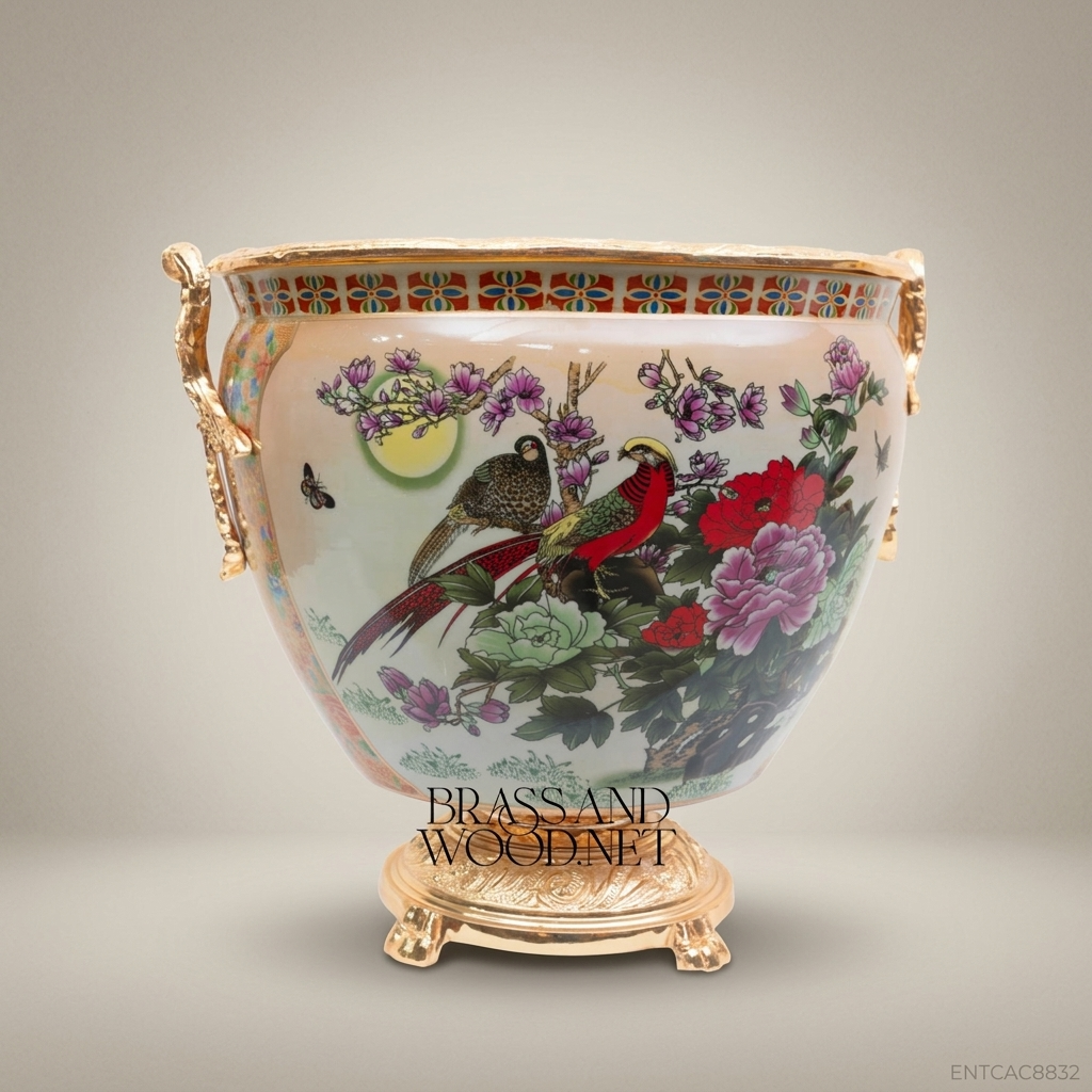 Porcelain Planter Cachepot - Small 27 cm - Floral - Gold Plated