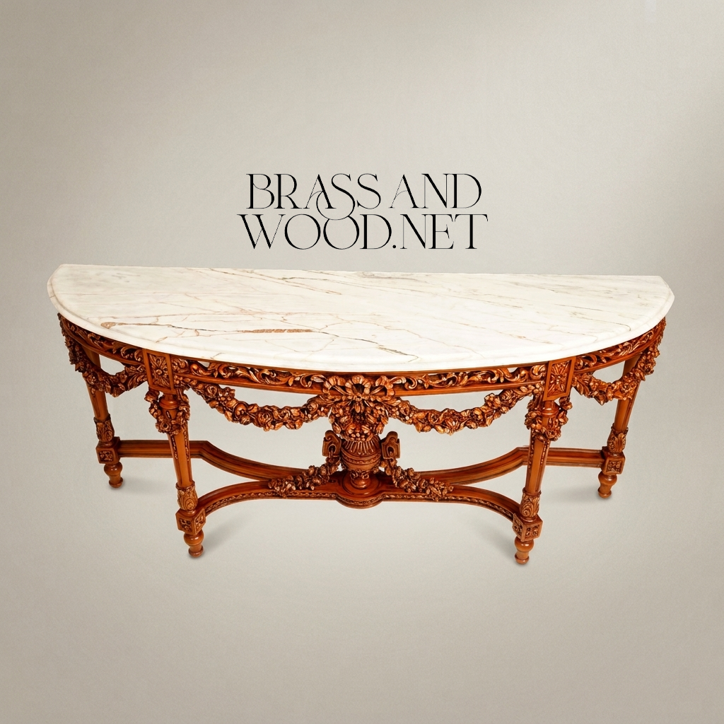 Louis XVI Neoclassical Demi-Lune Console Table with Floral Garland Carving and Calacatta Marble Top