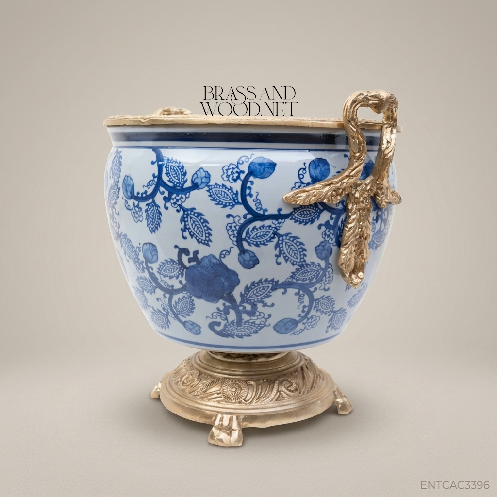 Porcelain Planter Cachepot - Small 27 cm - Blue & White - Gold Plated