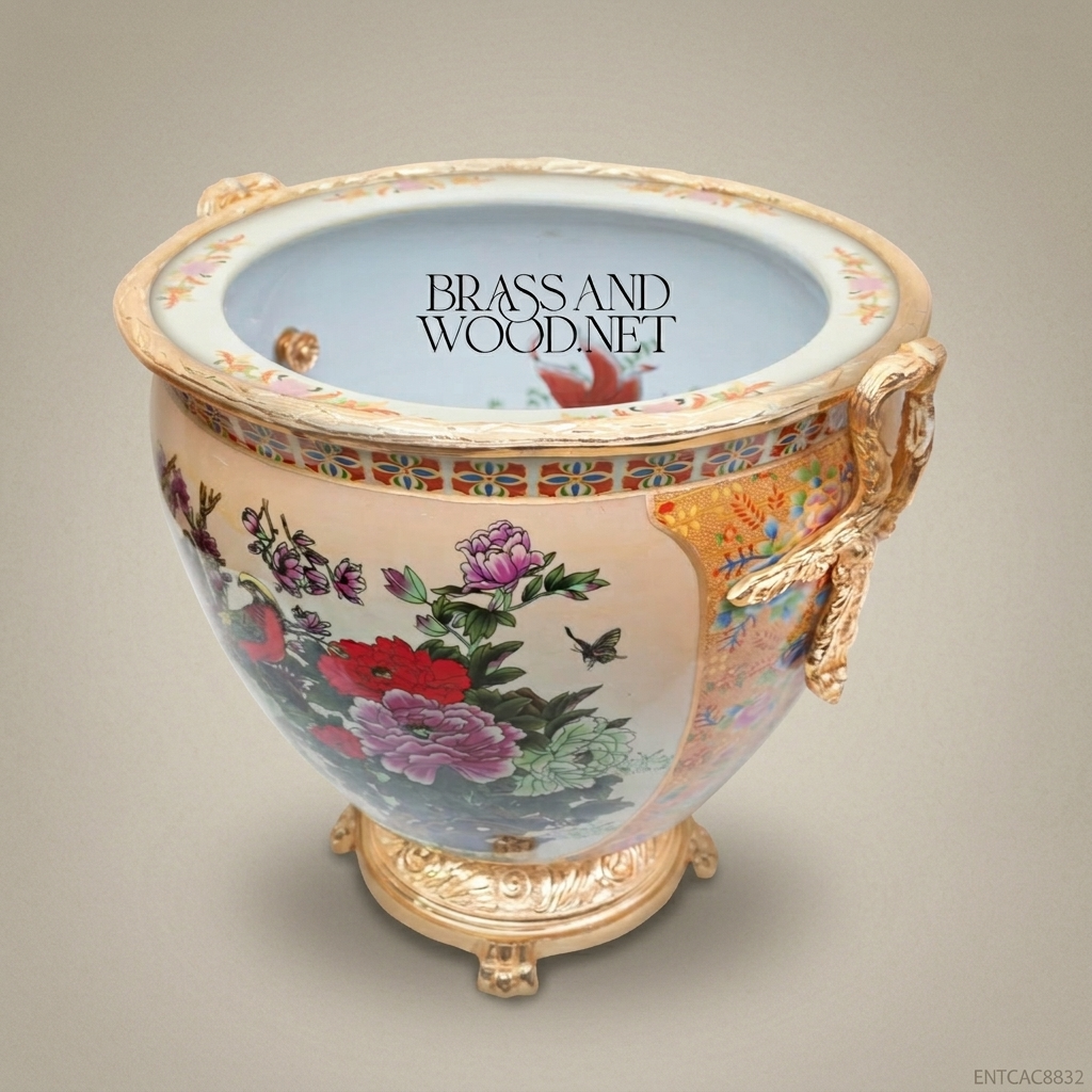 Porcelain Planter Cachepot - Small 27 cm - Floral - Gold Plated