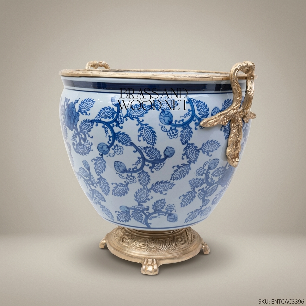 Porcelain Planter Cachepot - Small 27 cm - Blue & White - Gold Plated