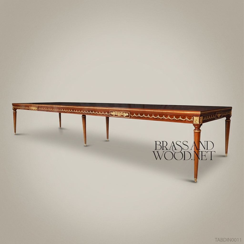 Brass & Wood Louis XVI Marquetry Brass-Mounted Dining Table