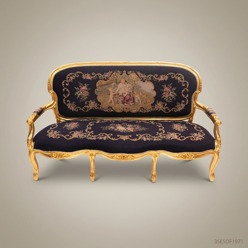 2-Seat Louis XV Gilded Salon Sofa with Tapestry Upholstery