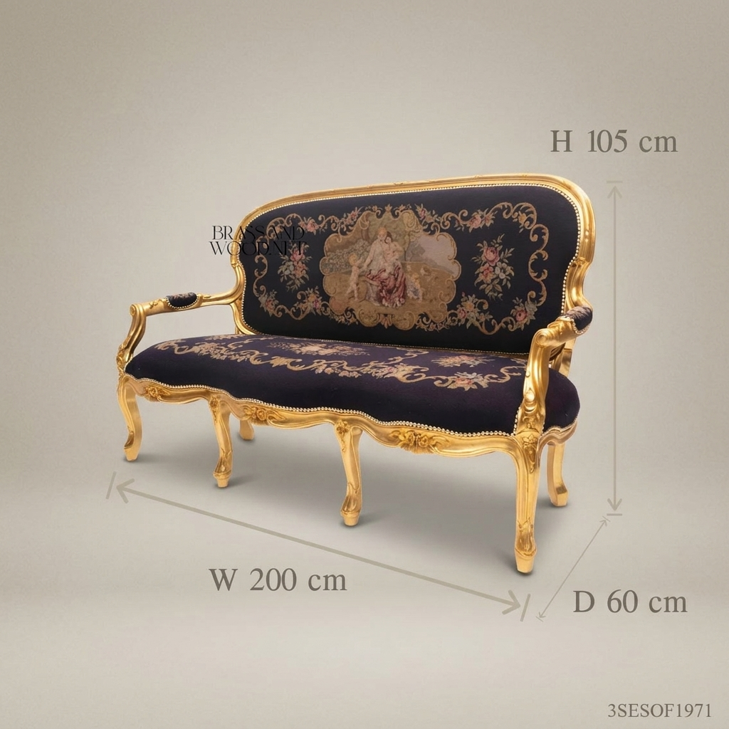 2-Seat Louis XV Gilded Salon Sofa with Tapestry Upholstery
