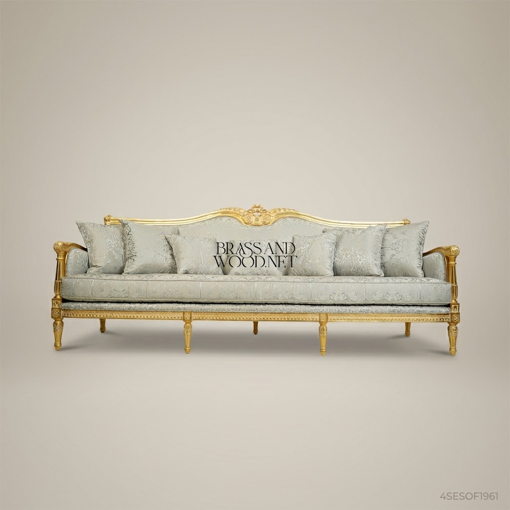 2-Seat Louis XVI Gilded Wood Salon Sofa – Damask Brocade