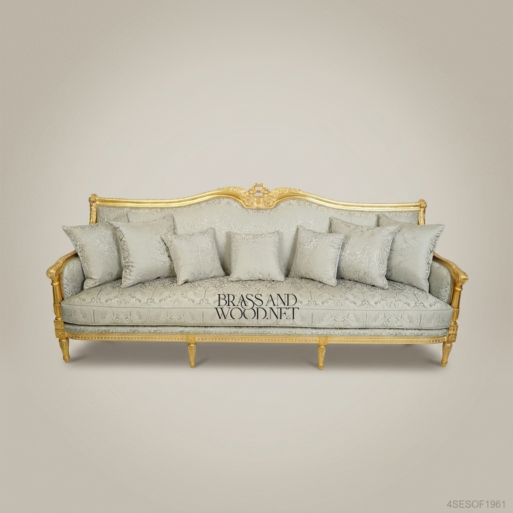 2-Seat Louis XVI Gilded Wood Salon Sofa – Damask Brocade