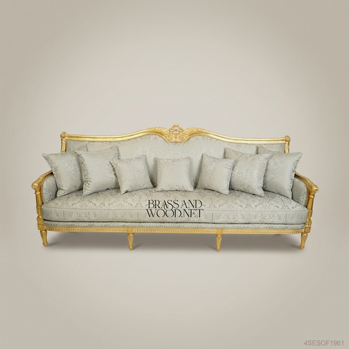 2-Seat Louis XVI Gilded Wood Salon Sofa – Damask Brocade