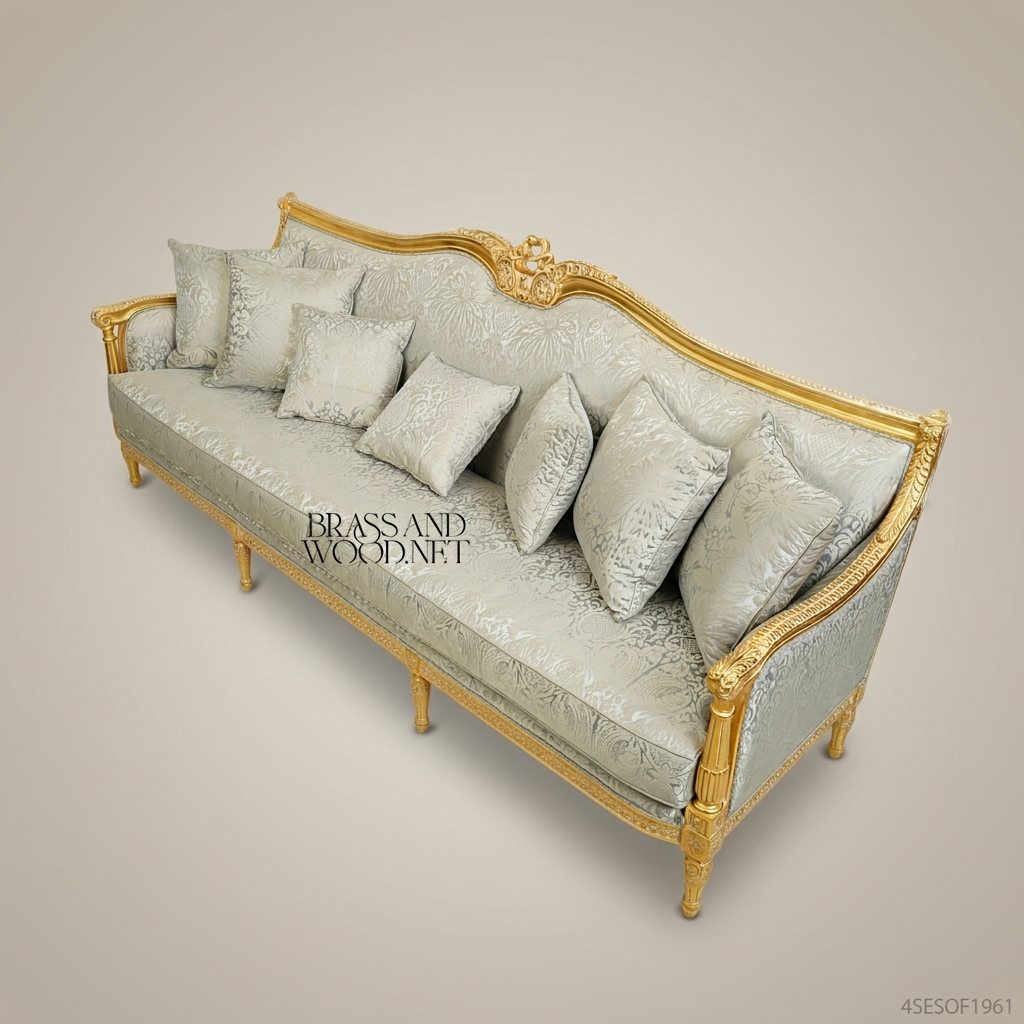 2-Seat Louis XVI Gilded Wood Salon Sofa – Damask Brocade