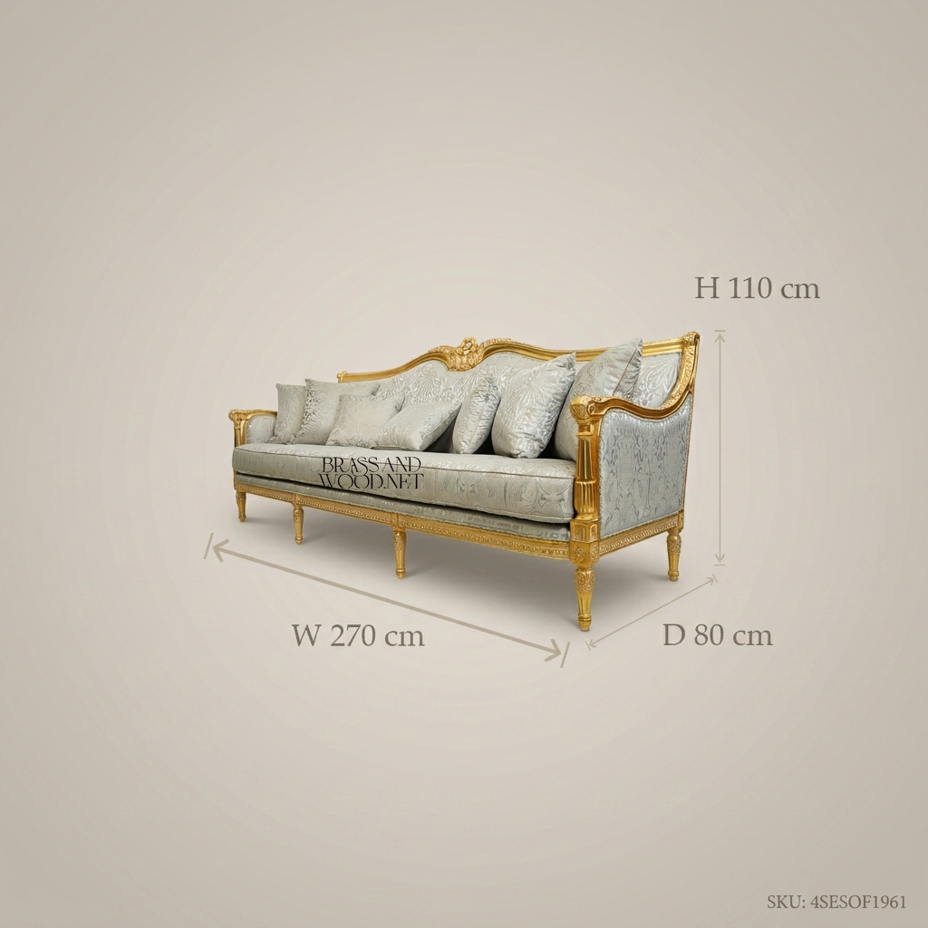 2-Seat Louis XVI Gilded Wood Salon Sofa – Damask Brocade