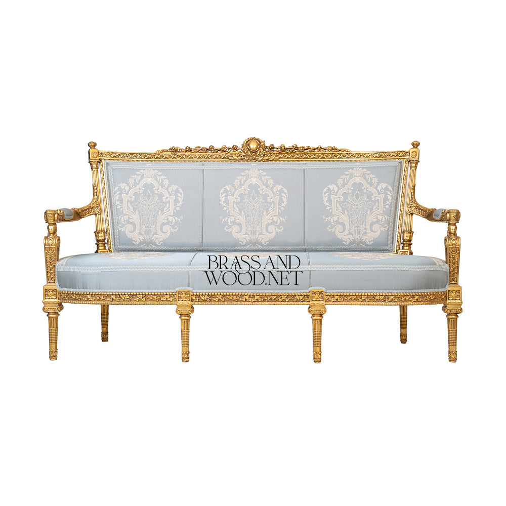 2-Seat Louis XVI Gilded Salon Sofa with Damask Upholstery