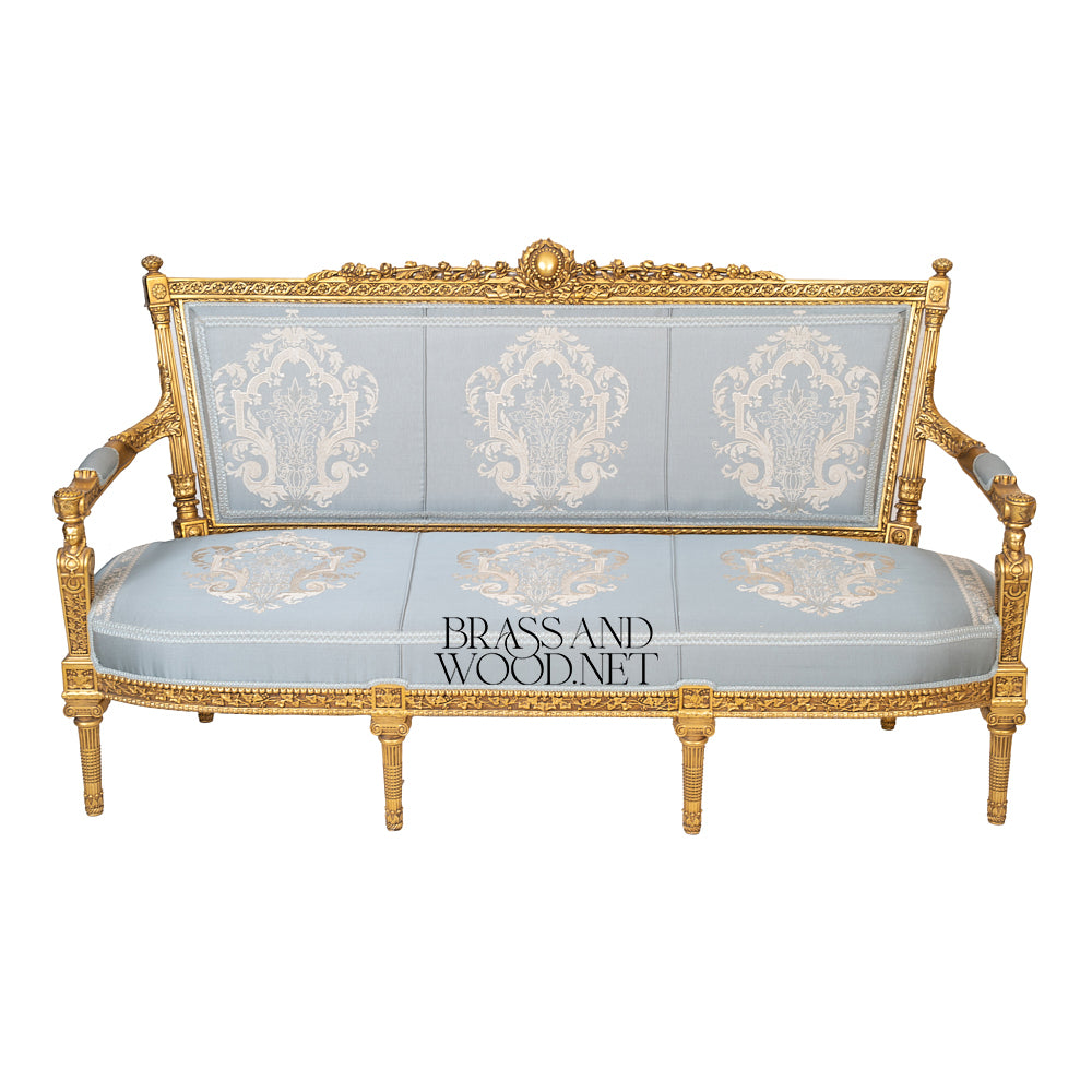 2-Seat Louis XVI Gilded Salon Sofa with Damask Upholstery