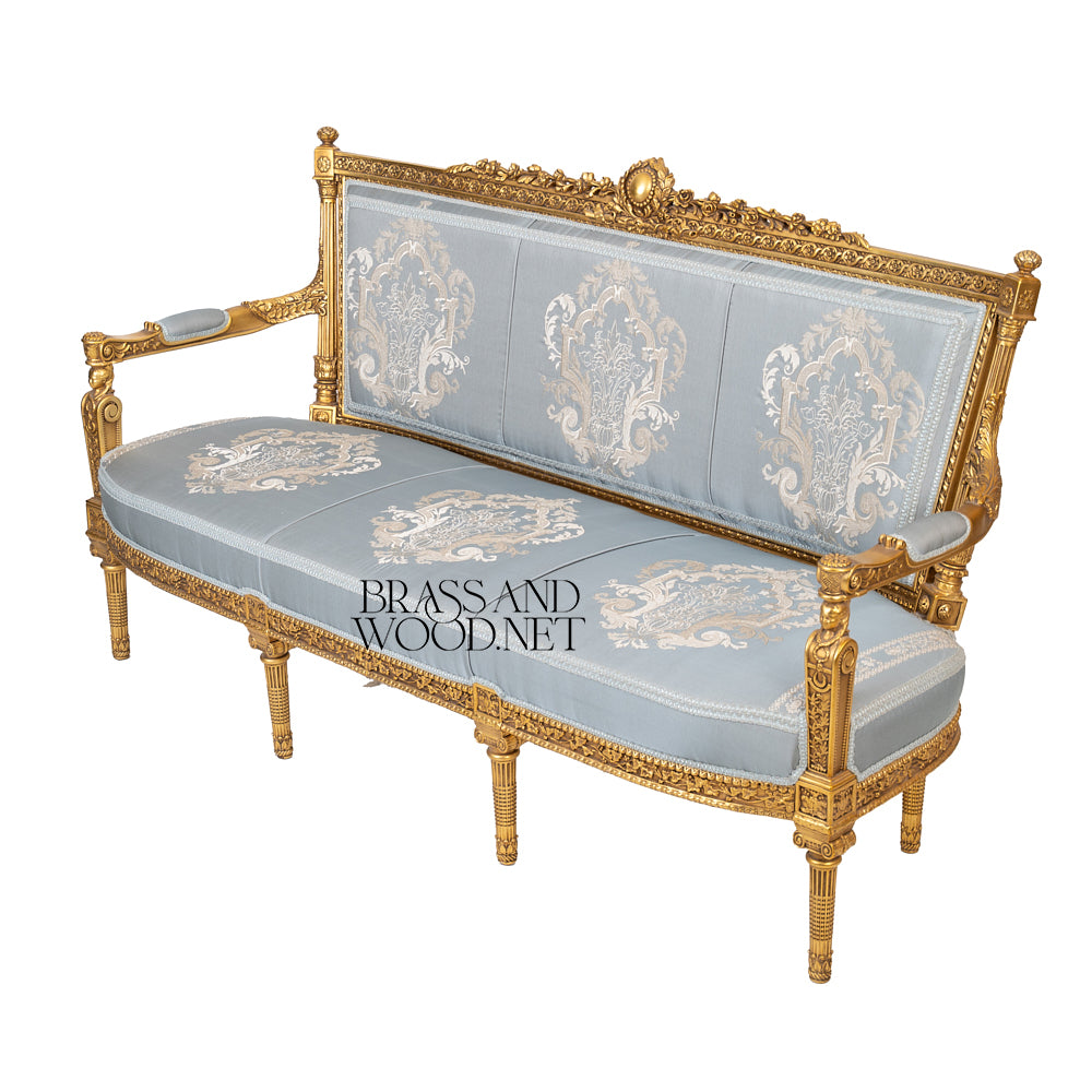 2-Seat Louis XVI Gilded Salon Sofa with Damask Upholstery
