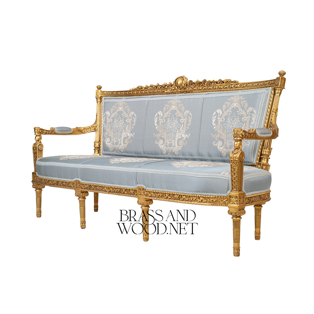 2-Seat Louis XVI Gilded Salon Sofa with Damask Upholstery