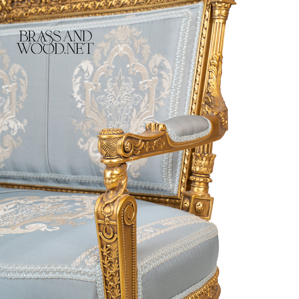2-Seat Louis XVI Gilded Salon Sofa with Damask Upholstery