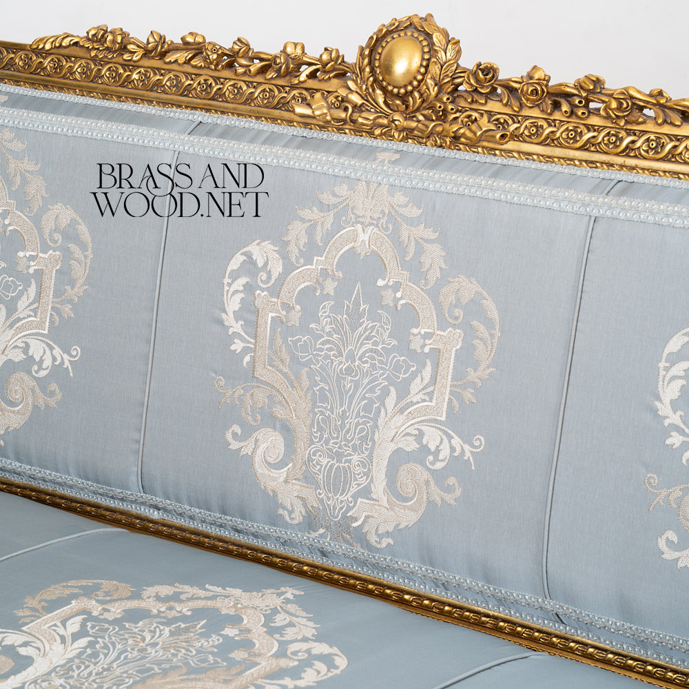 2-Seat Louis XVI Gilded Salon Sofa with Damask Upholstery