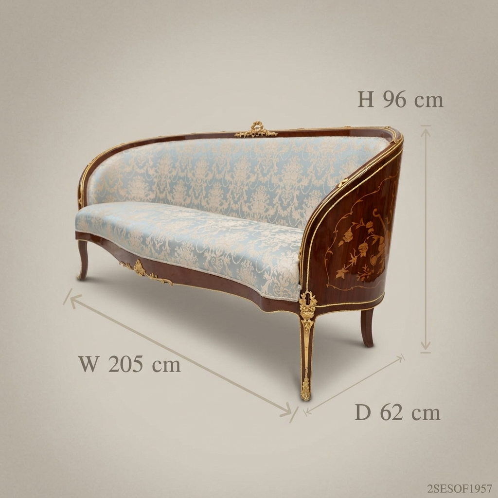 2-Seat Louis XVI Salon Sofa with Gilt Bronze Mounts & Damask Upholstery
