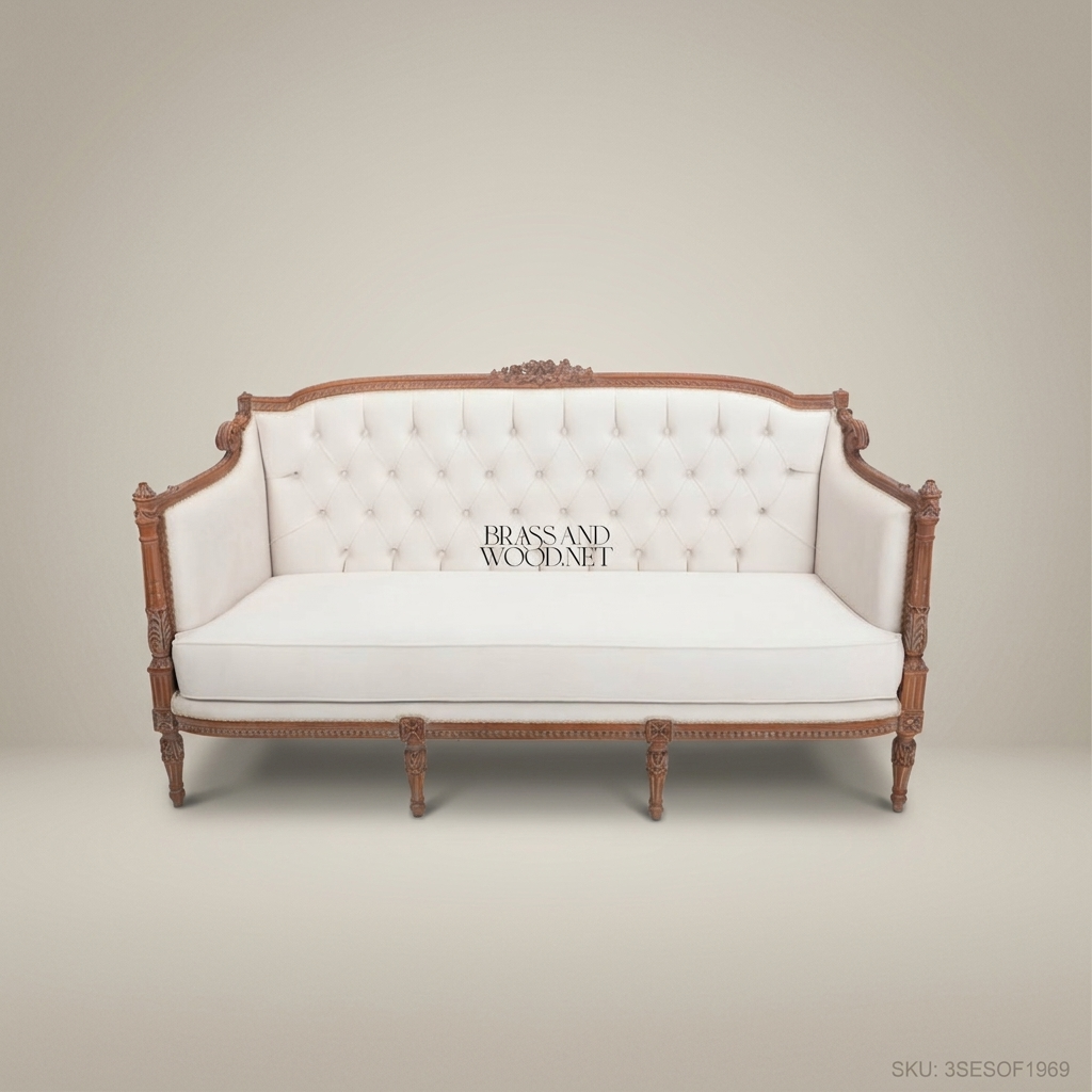2-Seat Louis XVI Tufted Salon Sofa – Carved Hardwood Frame