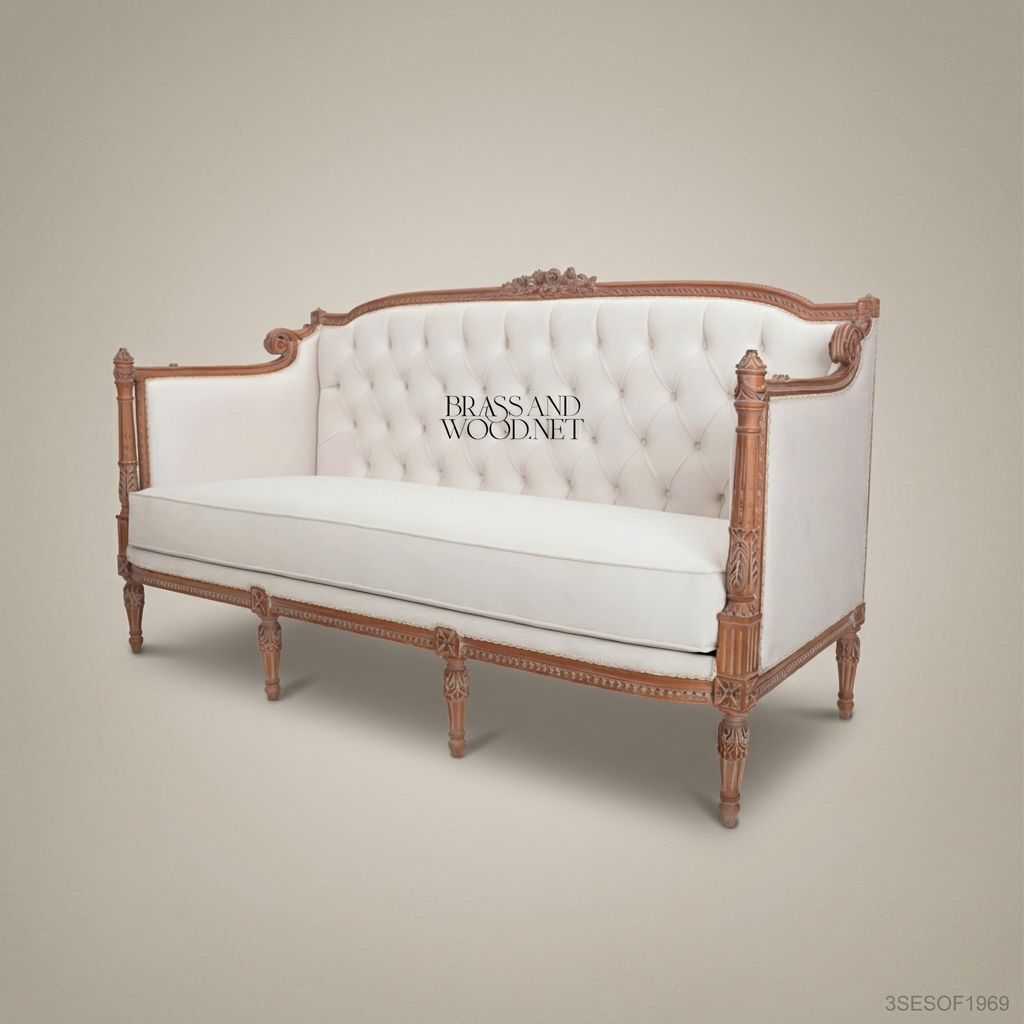 2-Seat Louis XVI Tufted Salon Sofa – Carved Hardwood Frame