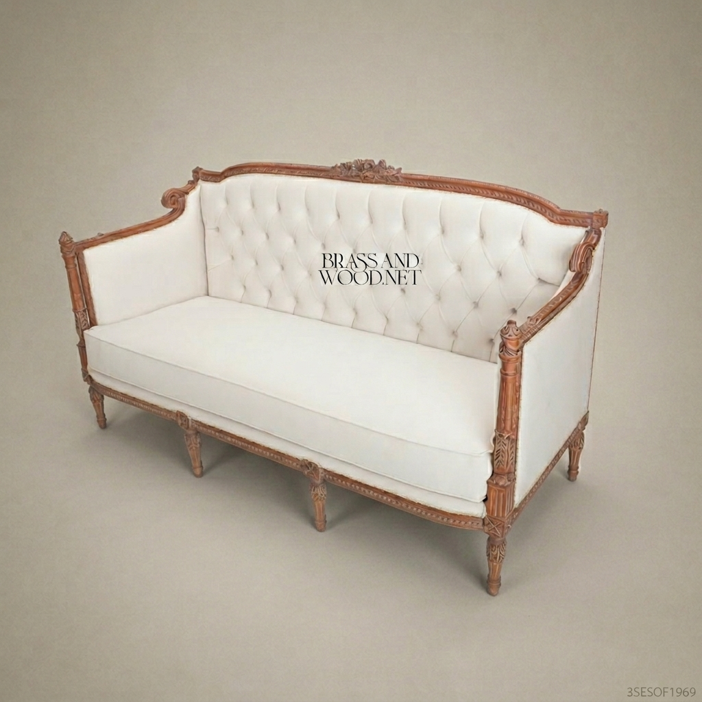 2-Seat Louis XVI Tufted Salon Sofa – Carved Hardwood Frame