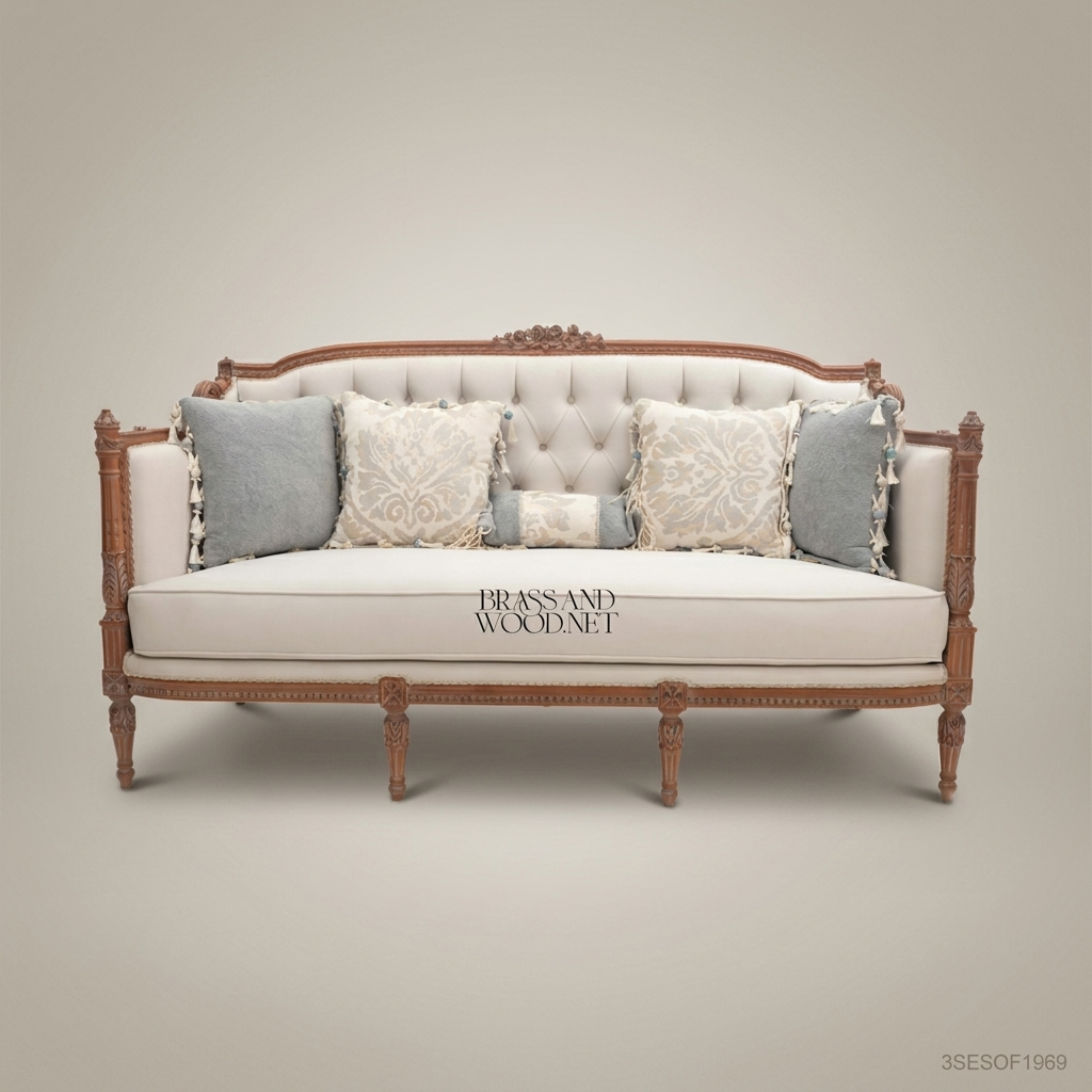 2-Seat Louis XVI Tufted Salon Sofa – Carved Hardwood Frame