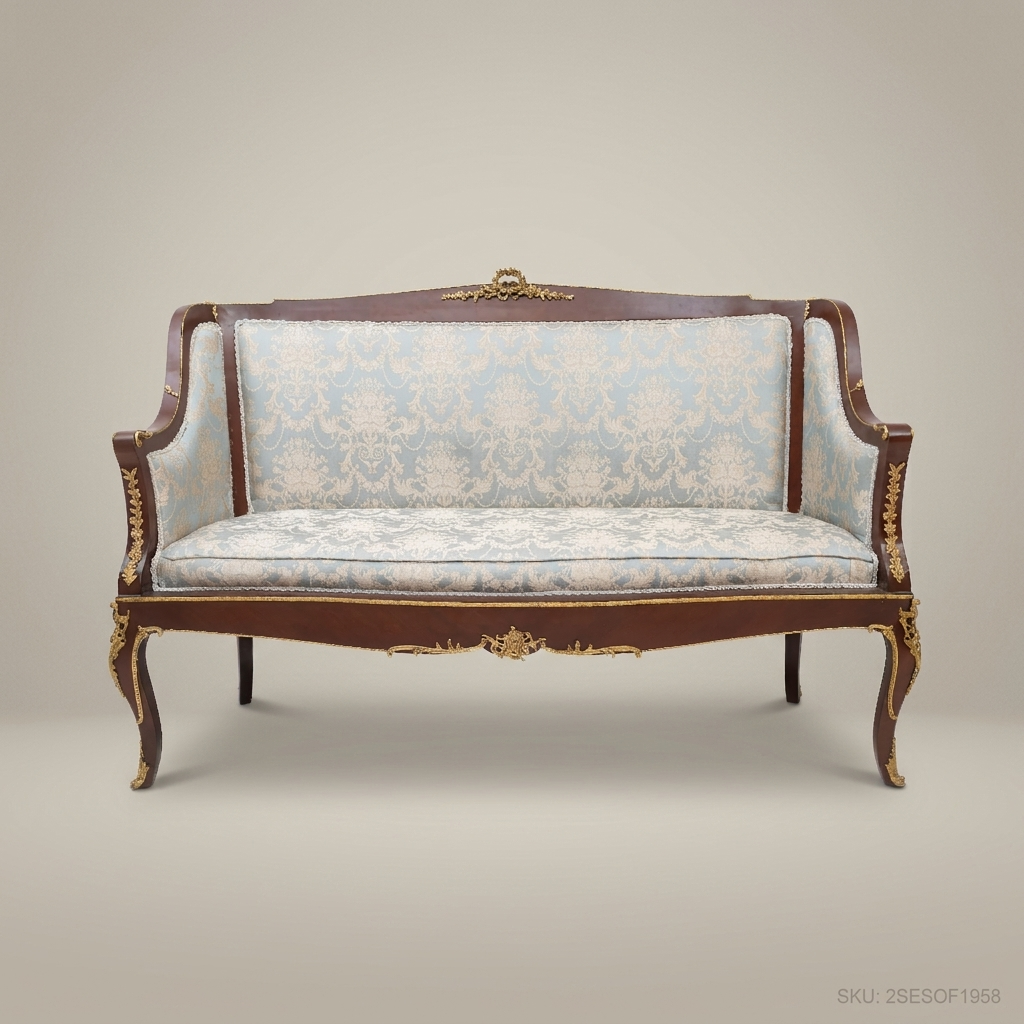 2-Seat Louis XV Damask Salon Sofa with Gilt Brass Mounts