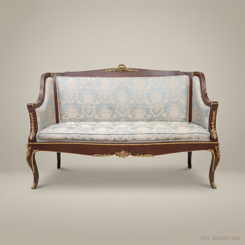 2-Seat Louis XV Damask Salon Sofa with Gilt Brass Mounts