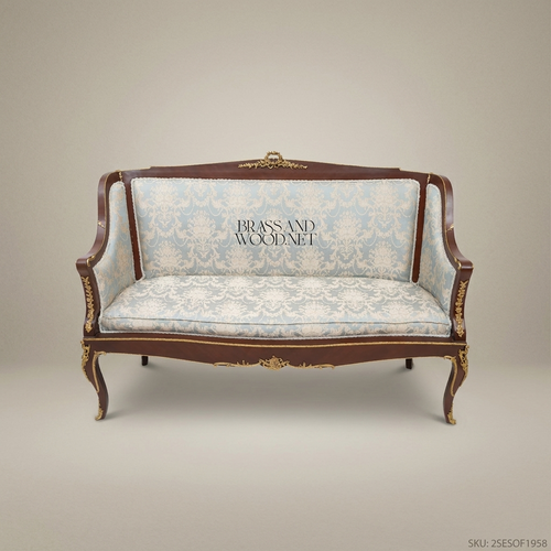 2-Seat Louis XV Damask Salon Sofa with Gilt Brass Mounts