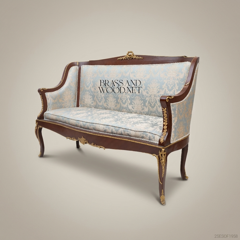 2-Seat Louis XV Damask Salon Sofa with Gilt Brass Mounts
