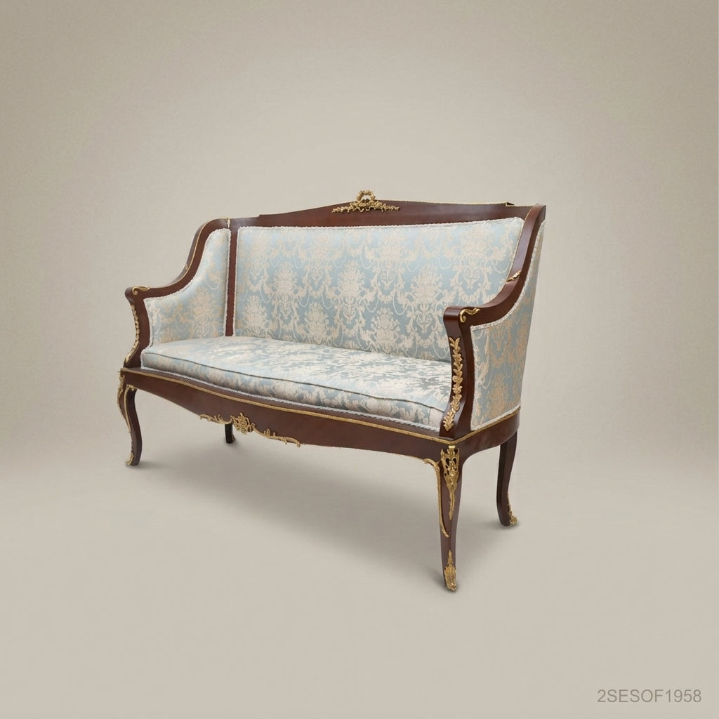 2-Seat Louis XV Damask Salon Sofa with Gilt Brass Mounts