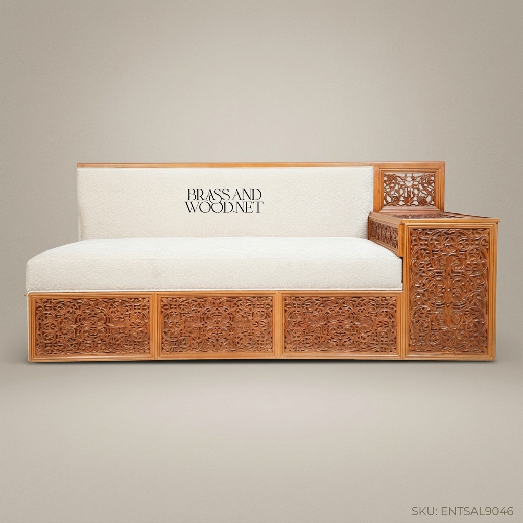 2-Seat Oriental Carved Wood Salon Sofa with Side Table