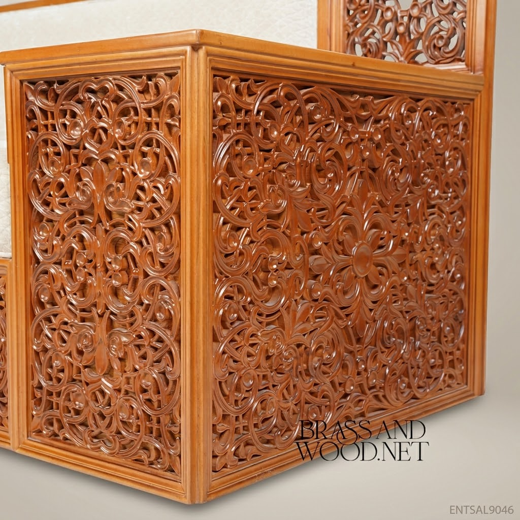 2-Seat Oriental Carved Wood Salon Sofa with Side Table