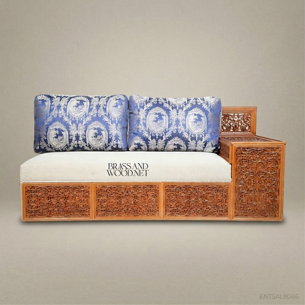 2-Seat Oriental Carved Wood Salon Sofa with Side Table