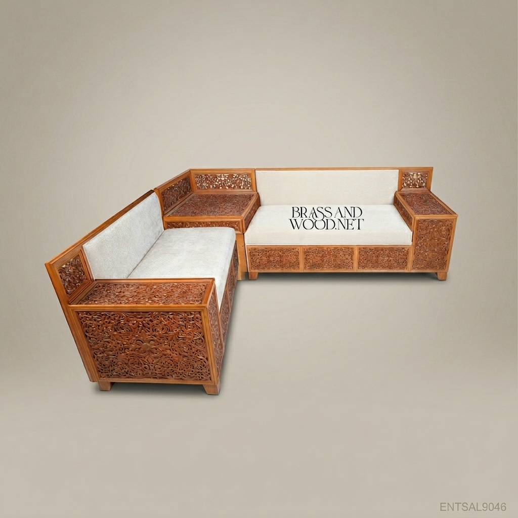 2-Seat Oriental Carved Wood Salon Sofa with Side Table