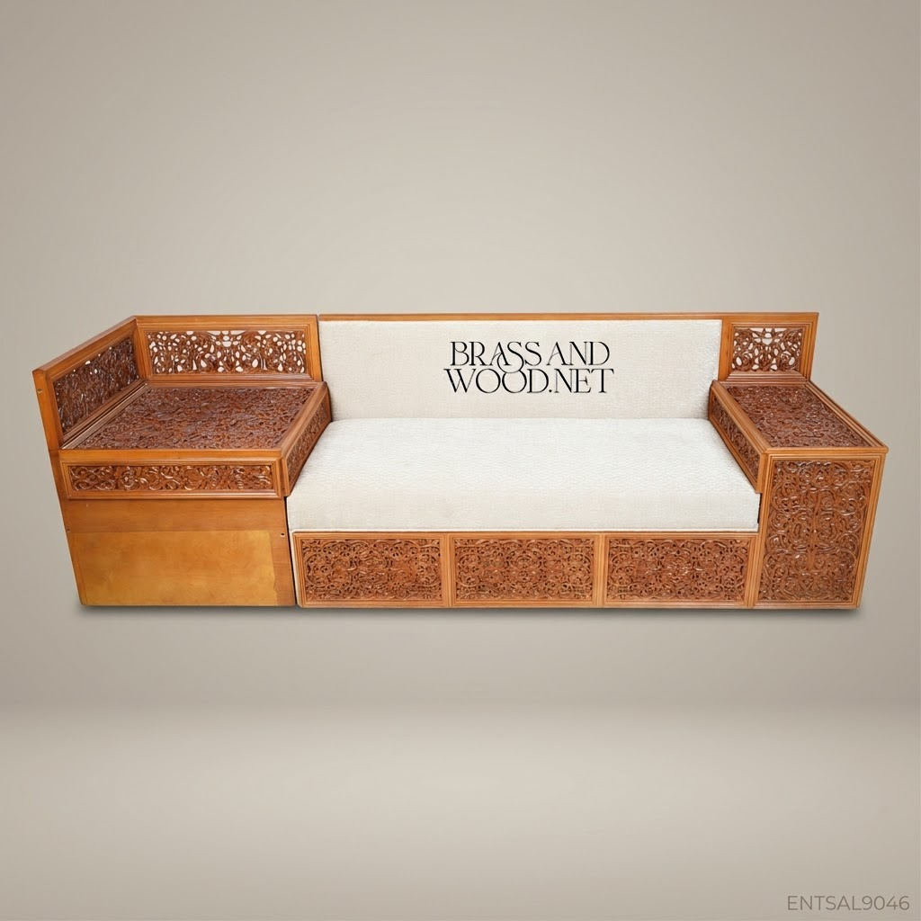 2-Seat Oriental Carved Wood Salon Sofa with Side Table