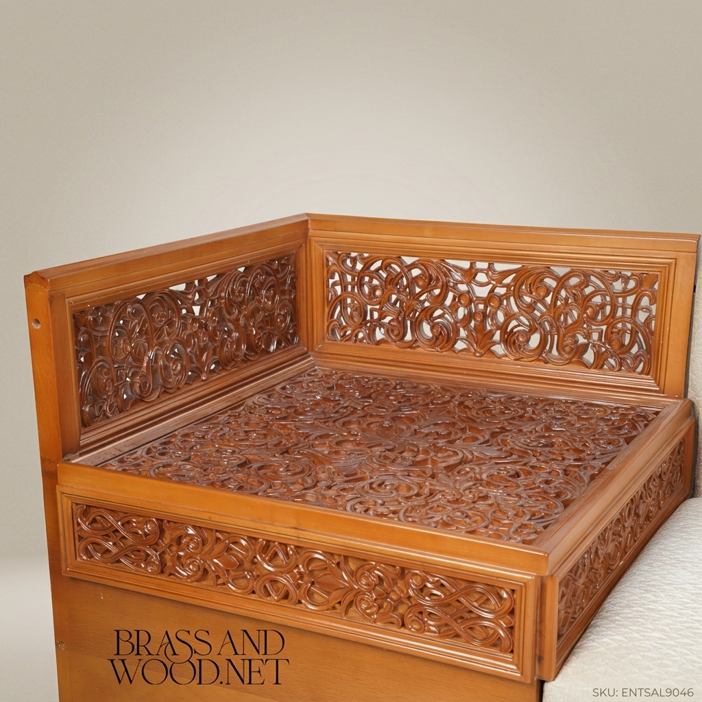 2-Seat Oriental Carved Wood Salon Sofa with Side Table