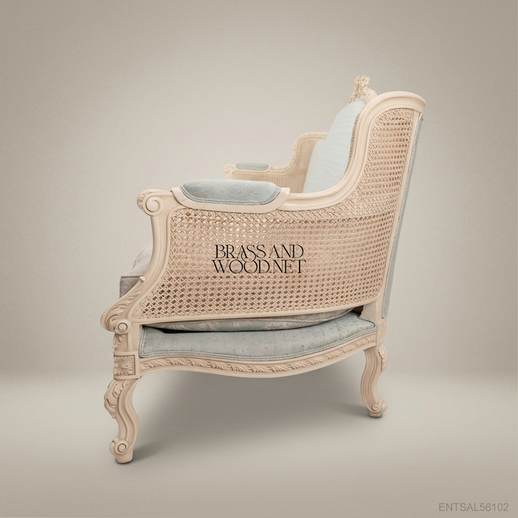 Louis XV Cane & Damask Salon Sofa — 2 Persons