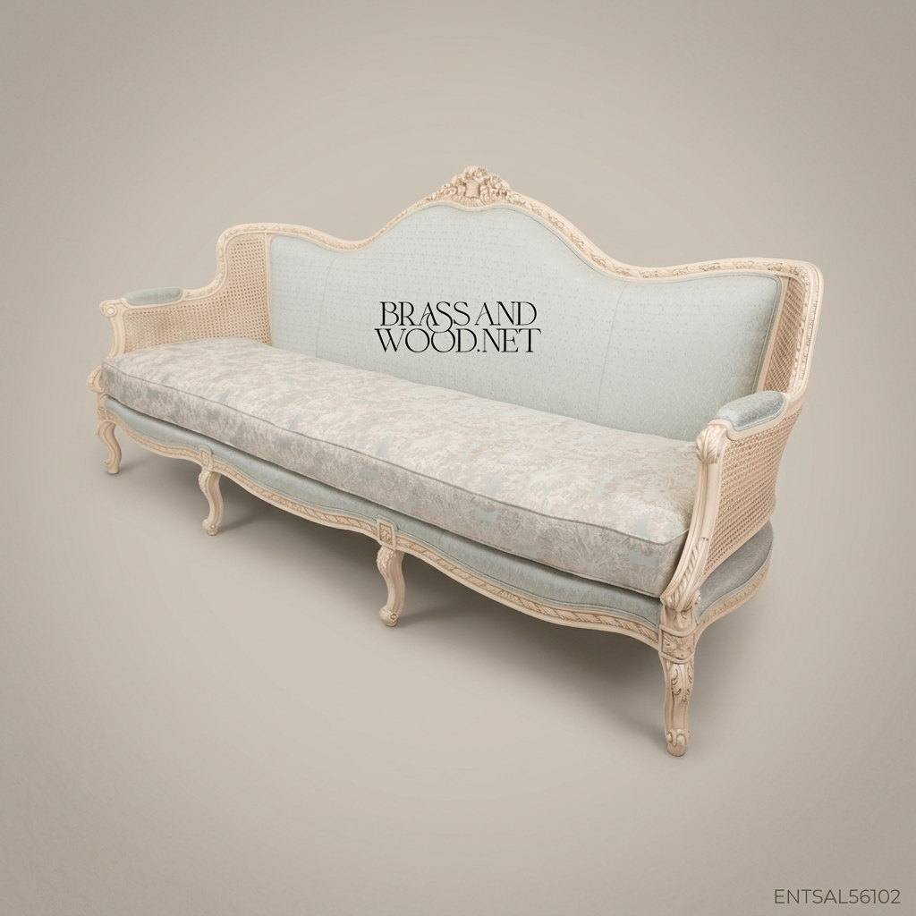 Louis XV Cane & Damask Salon Sofa — 2 Persons