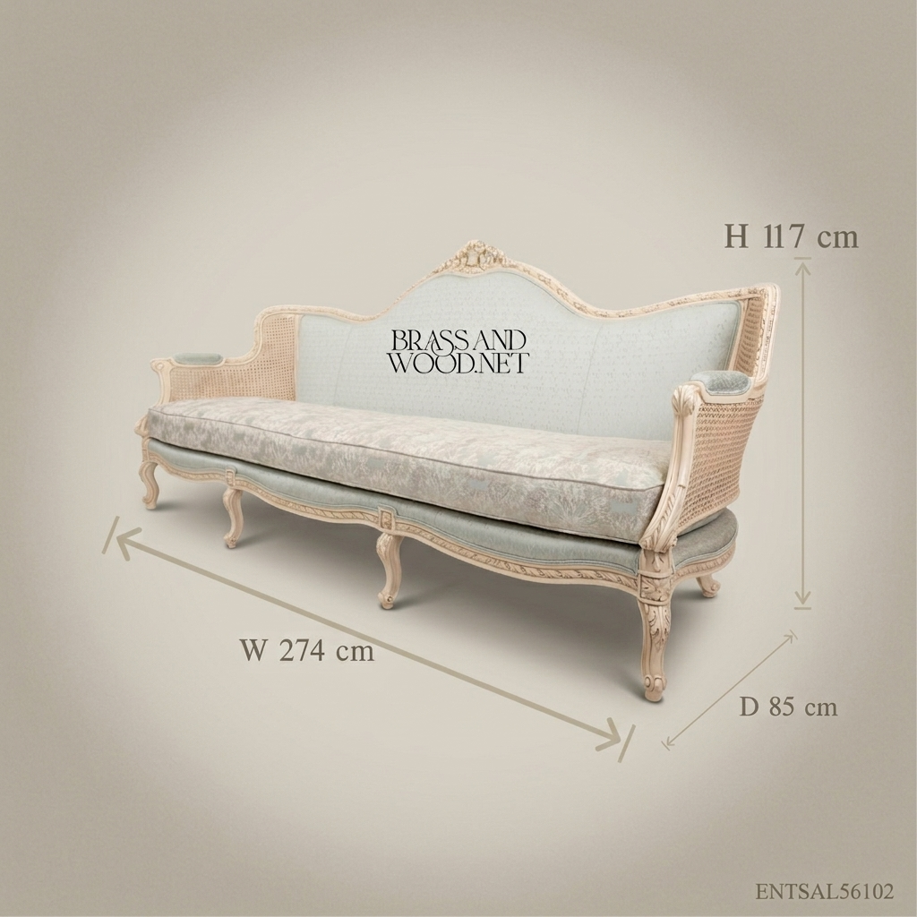 Louis XV Cane & Damask Salon Sofa — 2 Persons