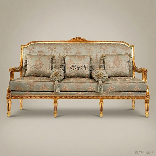 2-Seat Louis XVI Gilded Salon Sofa – Sage Damask Brocade