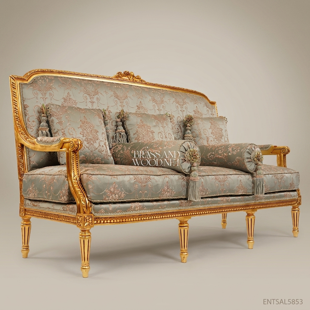 2-Seat Louis XVI Gilded Salon Sofa – Sage Damask Brocade