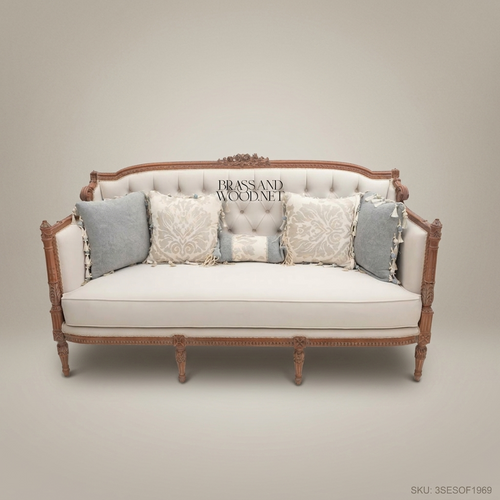 3-Seat Louis XVI Tufted Salon Sofa – Carved Hardwood & Linen