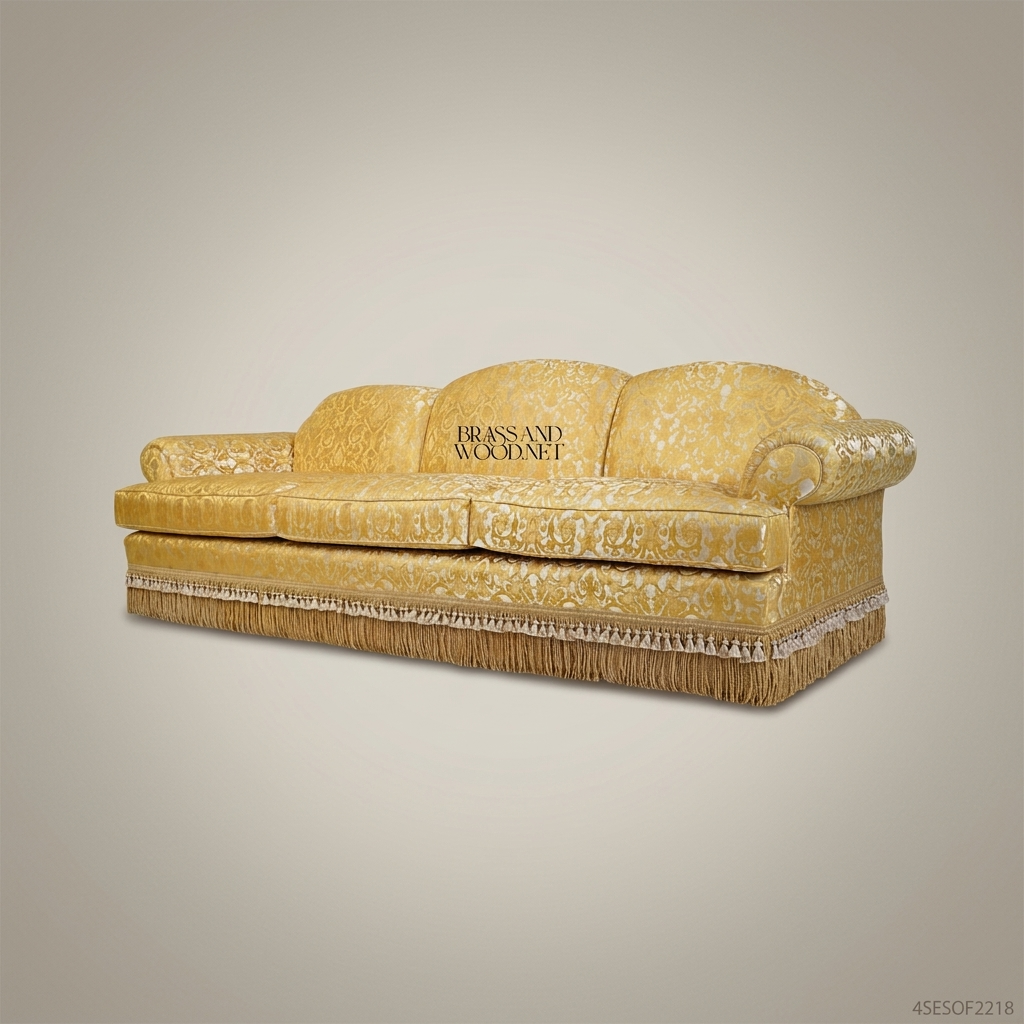 3-Seat Baroque Damask Salon Sofa with Gold Fringe